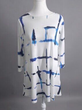 Sympli Blue & White Grid Print Tunics / Dress-Size 8-Made in Canada